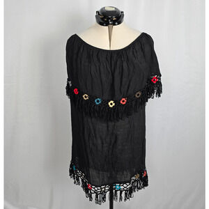 LA Class Boho Coverup Dress Women's L Black w/ Colorful Embroidering Fringe NWT